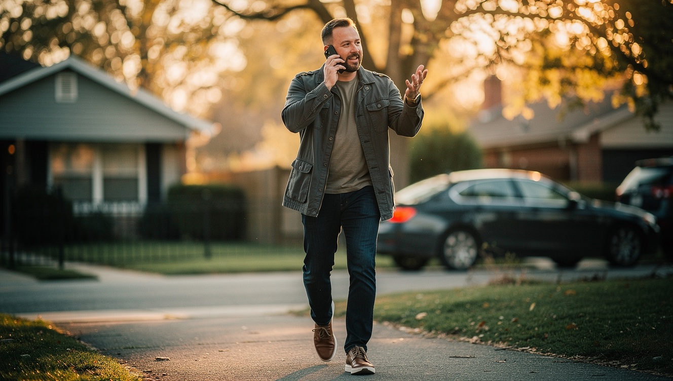 A person walking outdoors at golden hour speaking into wireless earbuds, mid-thought, hands gesturing