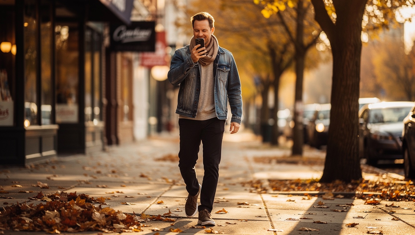A man walking on a tree-lined sidewalk in golden-hour light, leaving a voice memo on his phone with a slight smile